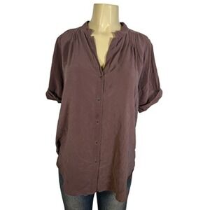 Maeve Anthropologie Blouse Womens MP Plum Brown Silk V‎ Neck Button Tunic Top